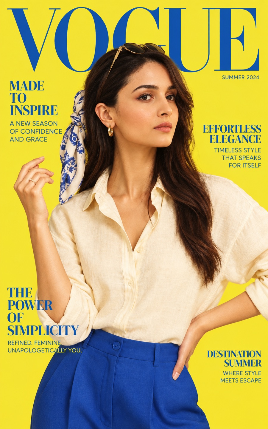 Magazine-style fashion cover shoot of a model styled in a campaign look