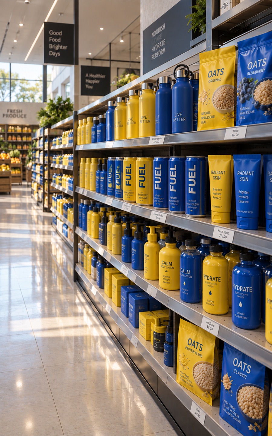 Branded consumer packaged goods stocked on a retail shelf