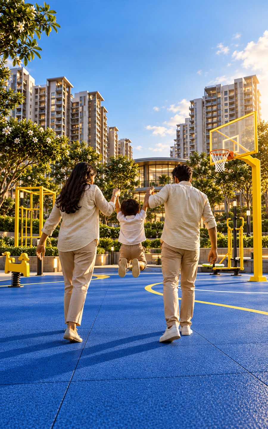 Family walking through a landscaped residential township courtyard