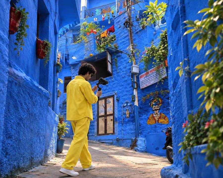 Content creator filming on a phone in a blue-painted lane