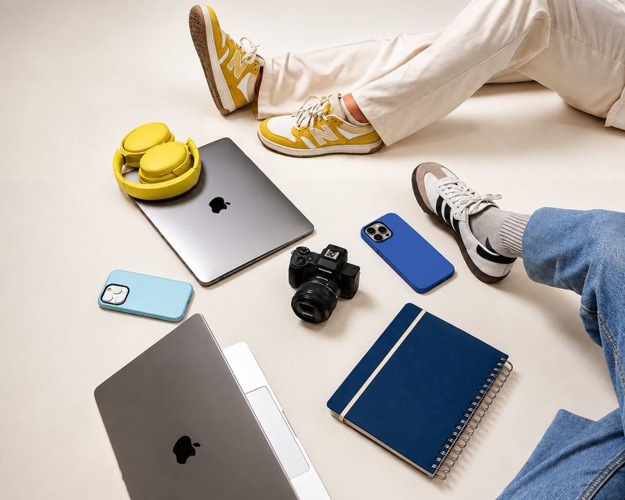 Flat lay of a laptop, phone, camera and headphones used for digital campaigns